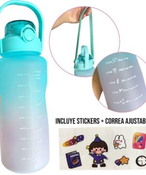 Botella Agua 2 Litros Incluye Stickers y Correa Ajustable ✨ Celeste Con Lila